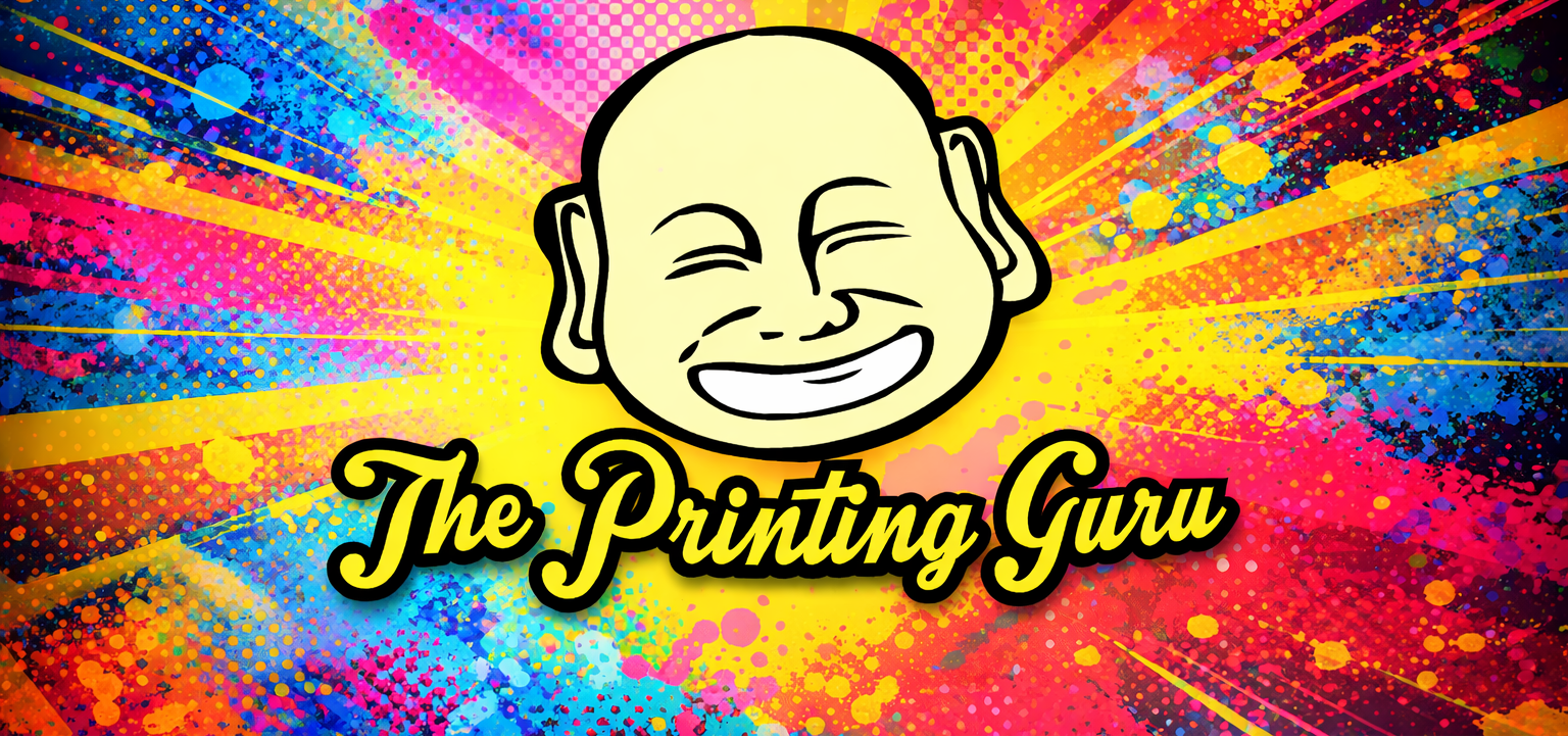 Logo of 'The Printing Guru' with a colorful, abstract background