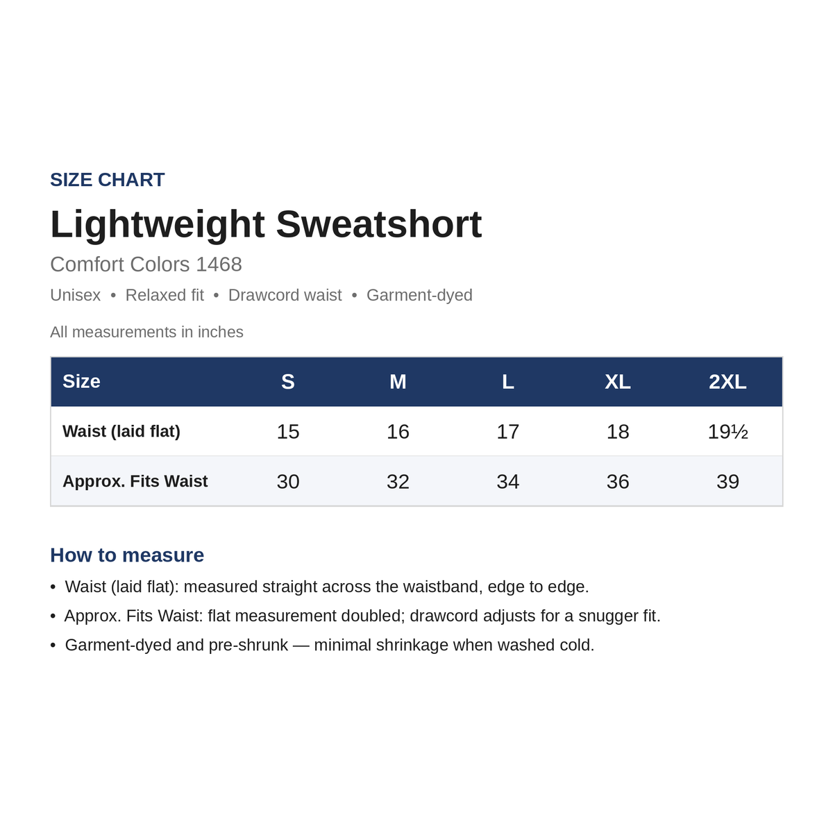 Size Chart - 1468 Lightweight Sweatshort