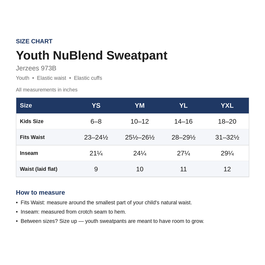 Size Chart - 973B Youth NuBlend Sweatpant
