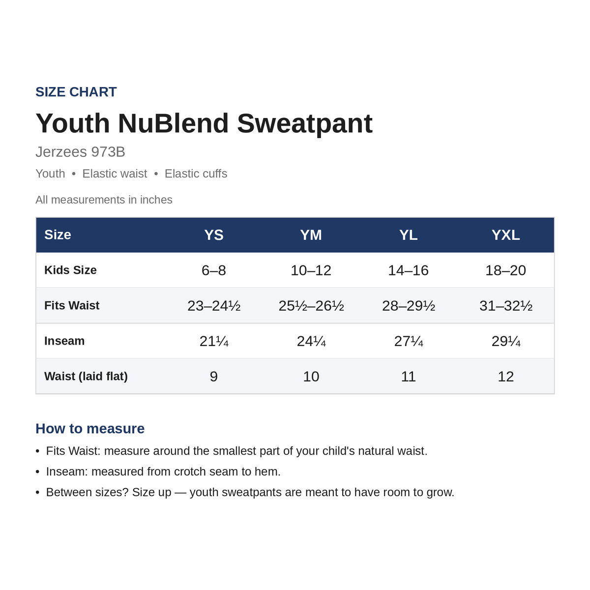 Size Chart - 973B Youth NuBlend Sweatpant