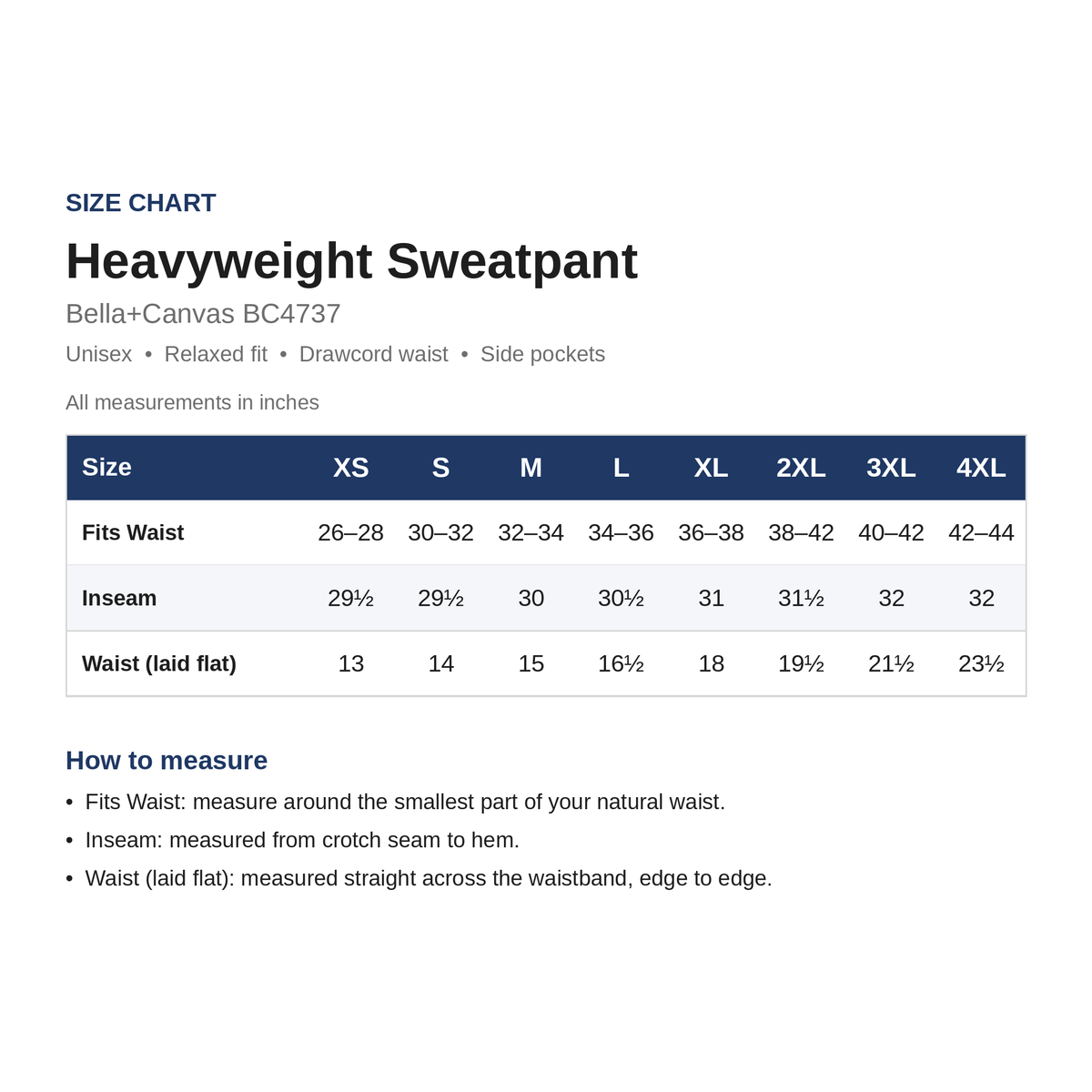 Size Chart - BC4737 Heavyweight Sweatpant