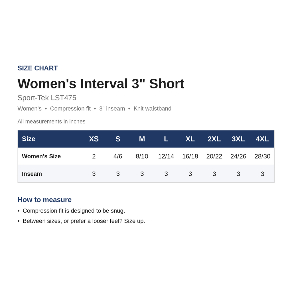 Size Chart - LST475 Women's Interval 3in Short