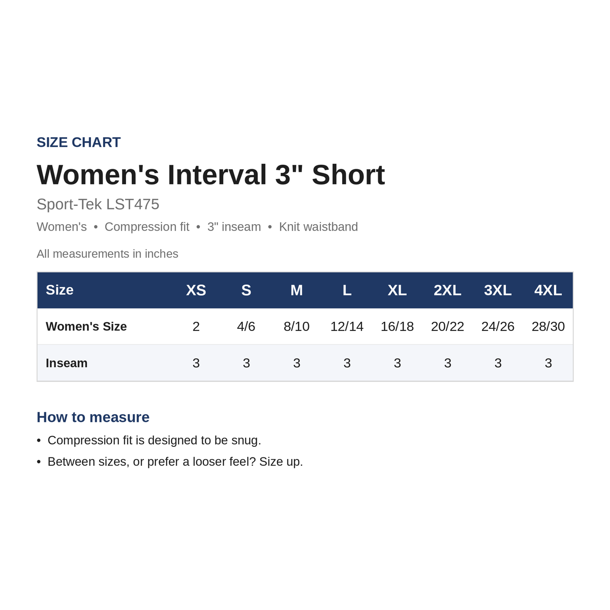 Size Chart - LST475 Women's Interval 3in Short