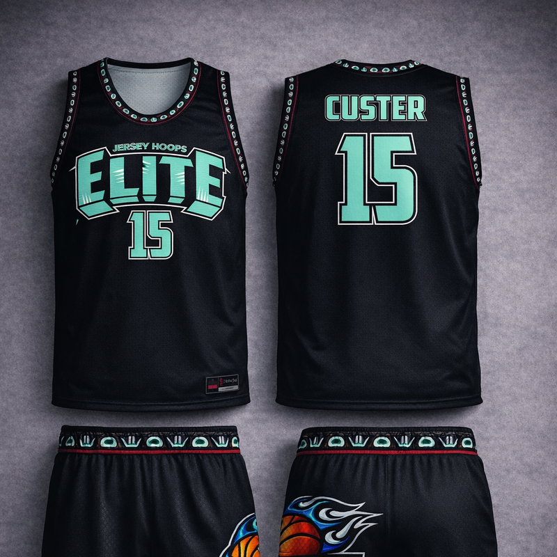 Basketball jersey and shorts set with 'Jersey Hoops Elite' branding on a gray background